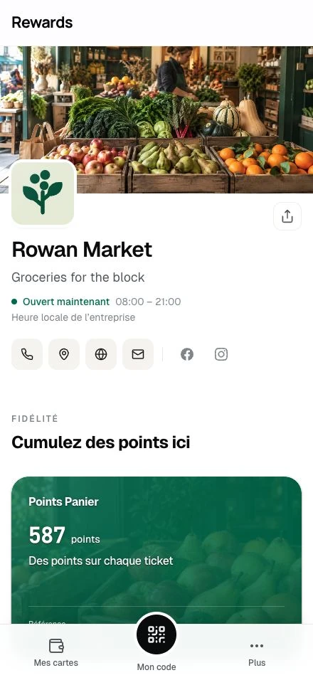 Rowan Market · La page d'une entreprise de démonstration sur téléphone.