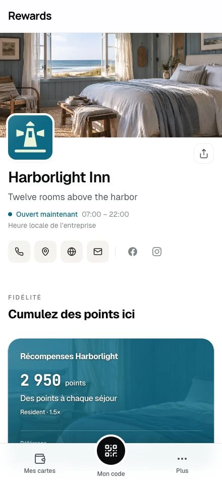 Harborlight Inn · La page d'une entreprise de démonstration sur téléphone.