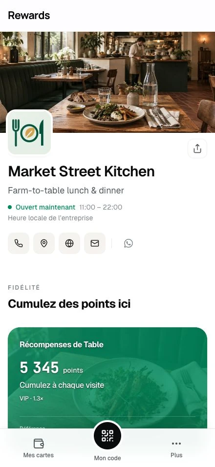 La page publique de Market Street Kitchen : couverture, marque, horaires et sa carte à points