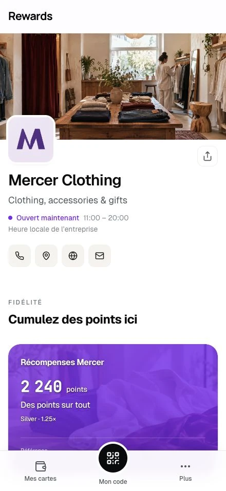Mercer Clothing · La page d'une entreprise de démonstration sur téléphone.