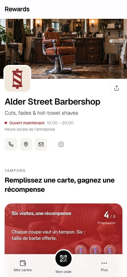 Alder Street Barbershop · La page d'une entreprise de démonstration sur téléphone.