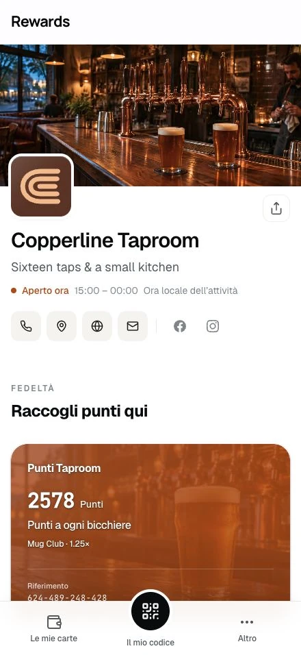 Copperline Taproom · La pagina di un'attività dimostrativa su un telefono.