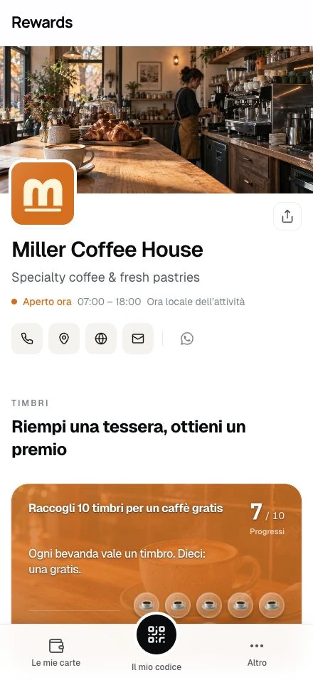 La pagina pubblica di Miller Coffee House: copertina con il caffè, marchio, orari e la sua carta timbri