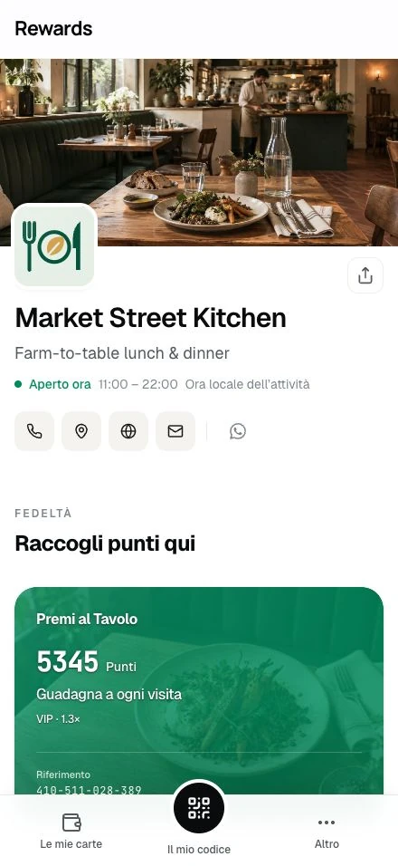 La pagina pubblica di Market Street Kitchen: copertina, marchio, orari e la sua carta punti