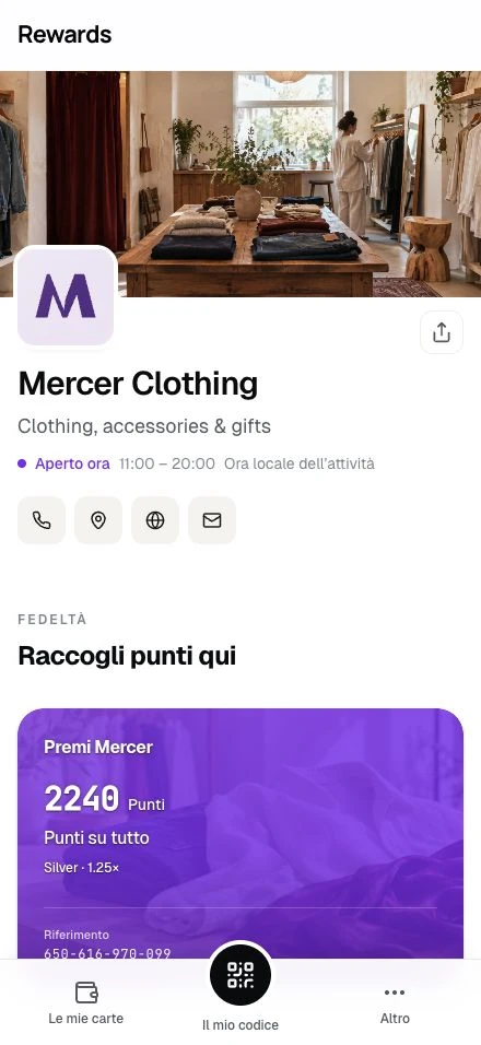La pagina pubblica di Mercer Clothing: copertina, marchio, orari e la sua carta punti