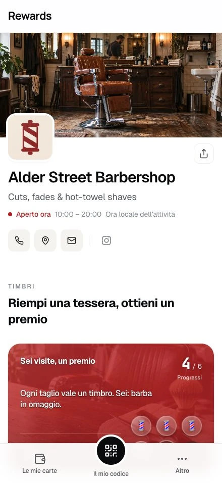 La pagina pubblica di Alder Street Barbershop: copertina, marchio, orari e la sua carta timbri