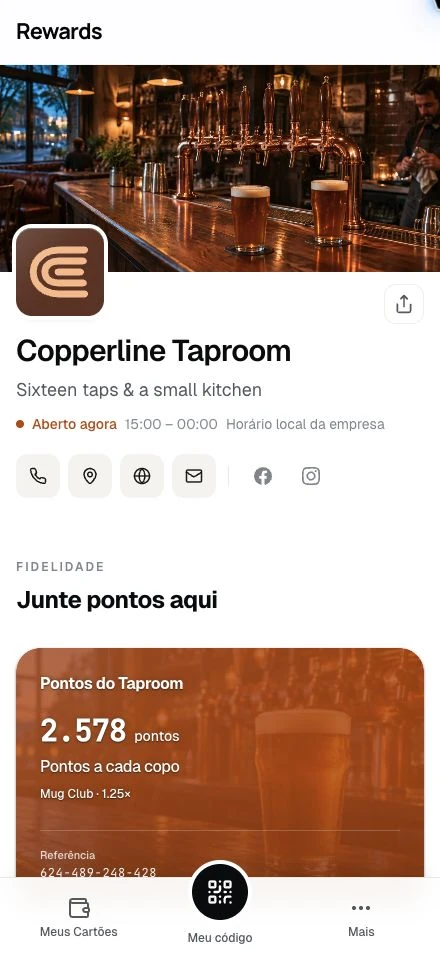 Copperline Taproom · A página de um negócio de demonstração em um celular.