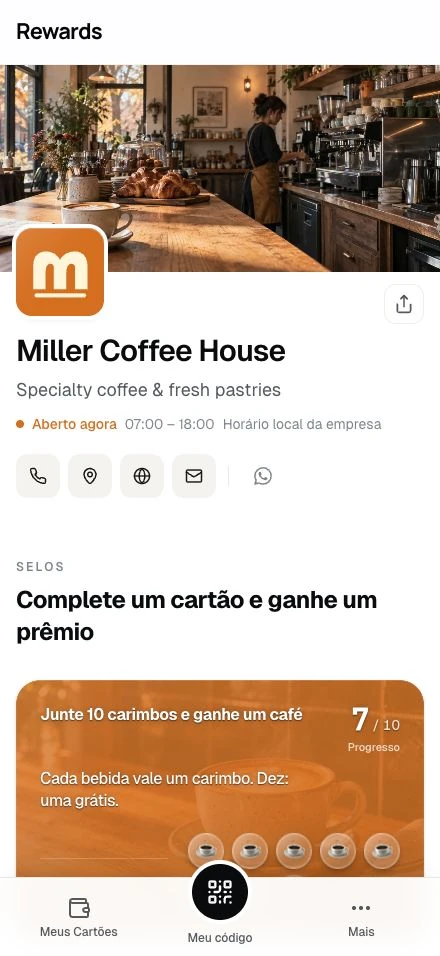A página pública da Miller Coffee House: capa de café, marca, horário e seu cartão de carimbos