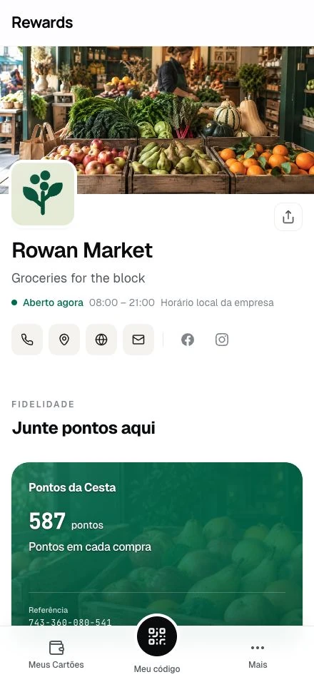 Rowan Market · A página de um negócio de demonstração em um celular.