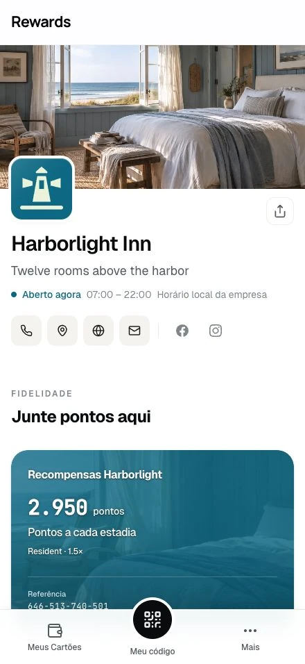 Harborlight Inn · A página de um negócio de demonstração em um celular.
