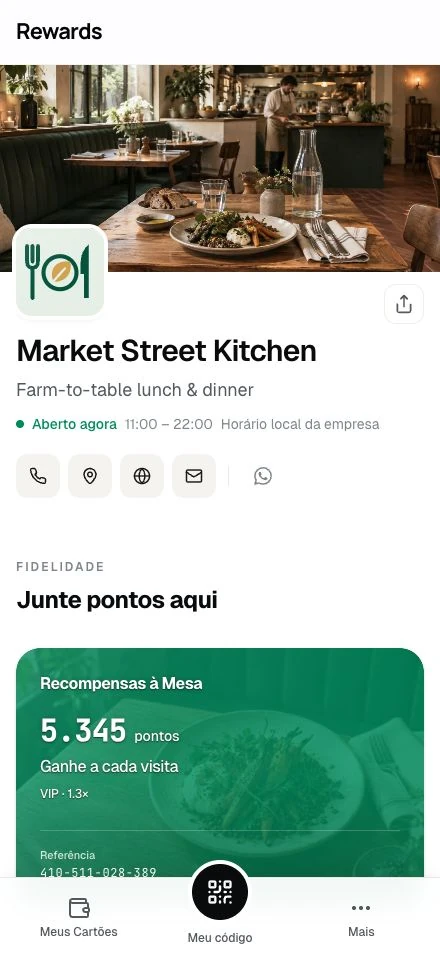 A página pública do Market Street Kitchen: capa, marca, horário e seu cartão de pontos