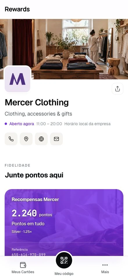 Mercer Clothing · A página de um negócio de demonstração em um celular.