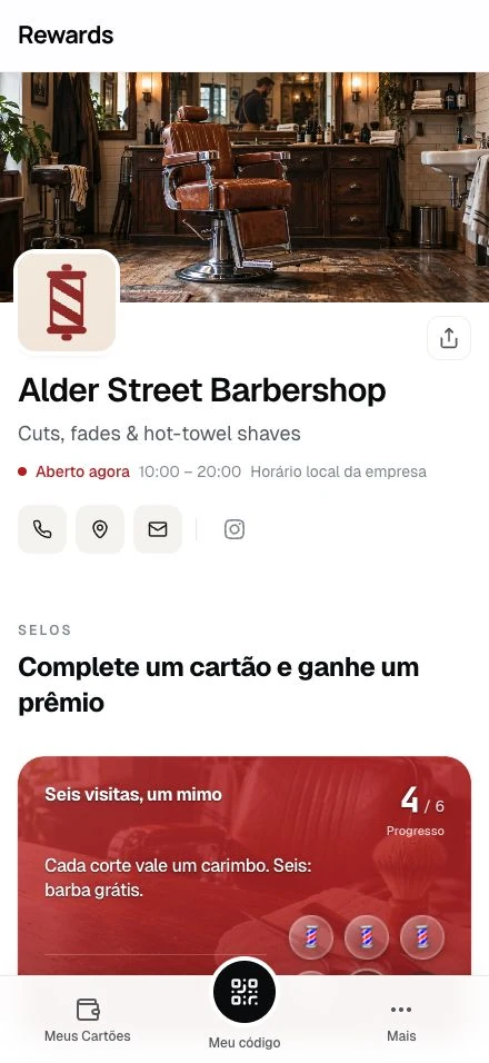 Alder Street Barbershop · A página de um negócio de demonstração em um celular.