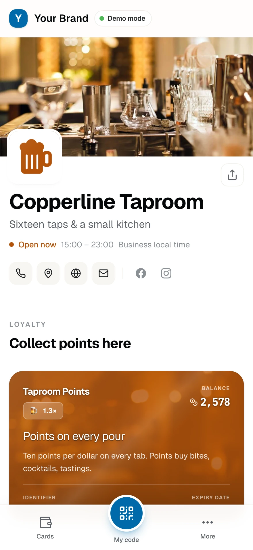 Copperline Taproom's public page: cover, brand, hours, and its points card