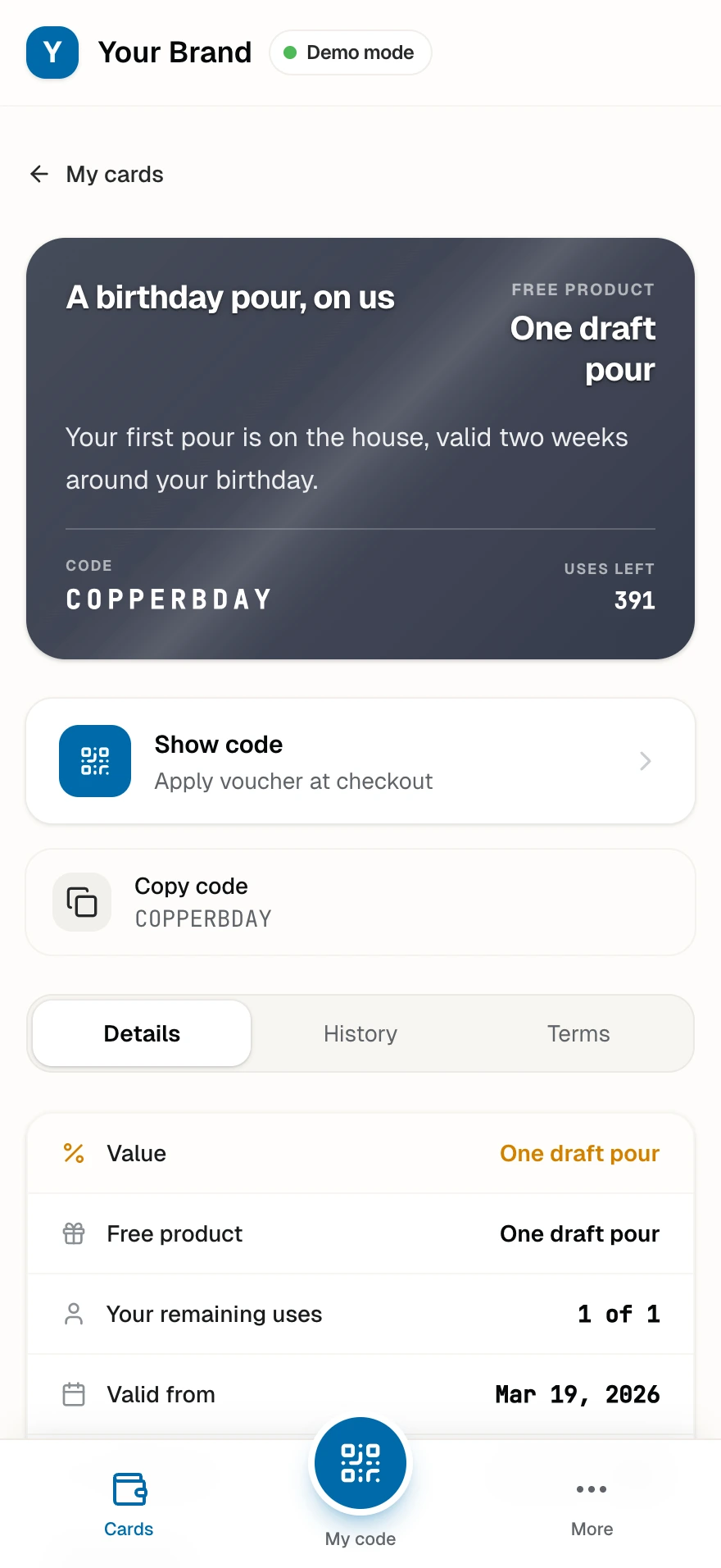 The birthday pour voucher, one free draft, in a guest's wallet