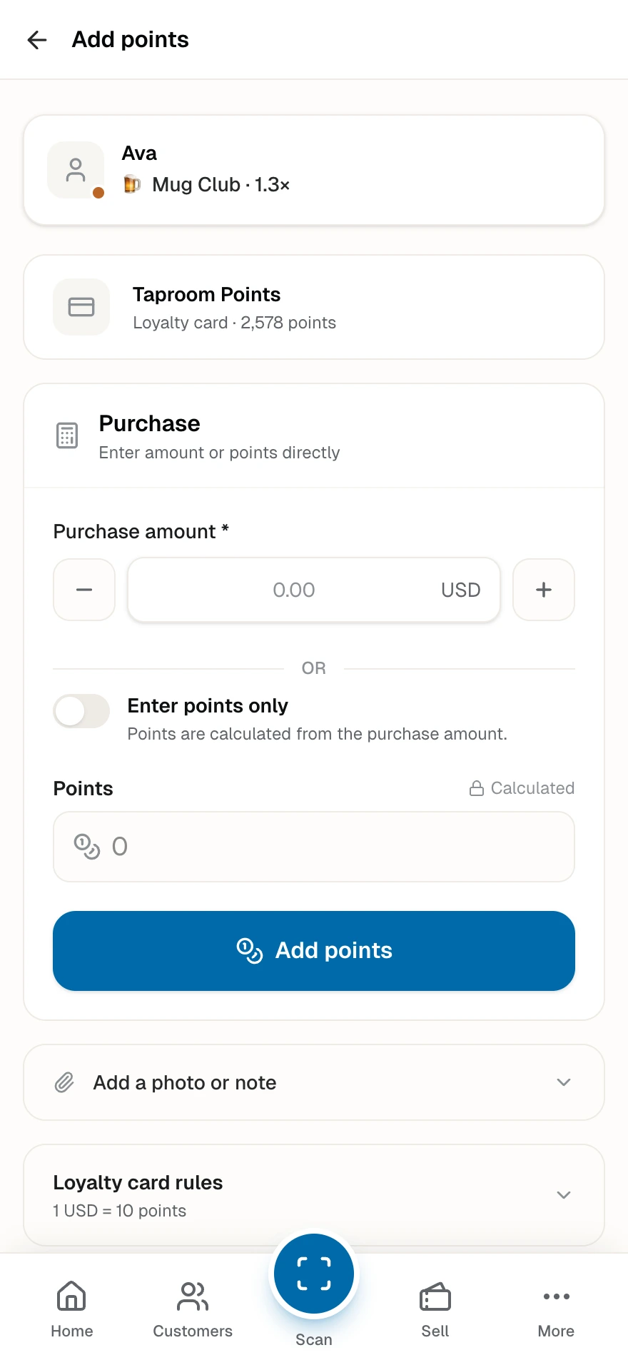 The bartender's add-points screen with the tab amount field