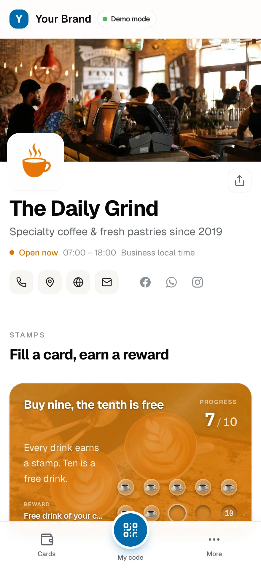 The Daily Grind's public page: coffee cover, brand, hours, and its stamp card