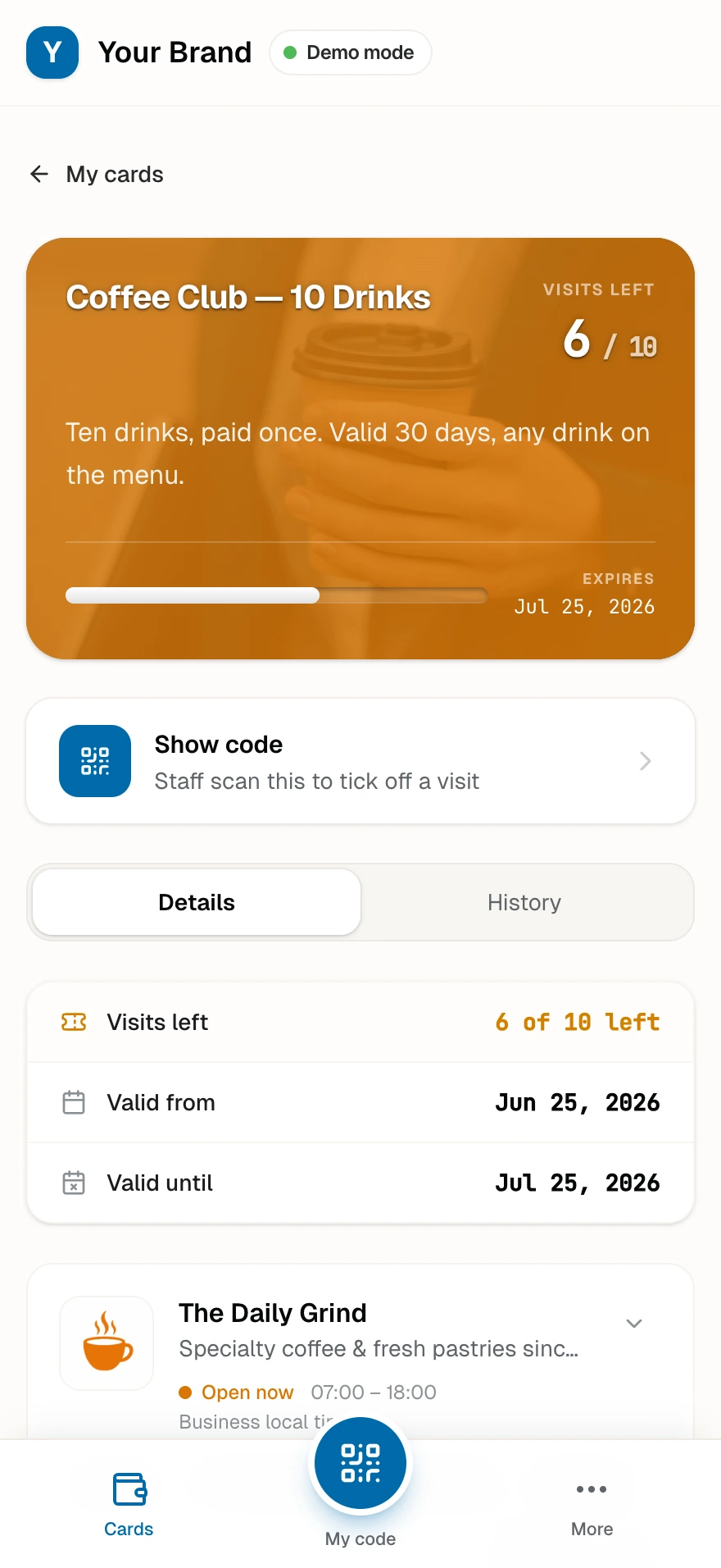 The ten-drink coffee pass with visits left and its expiry date