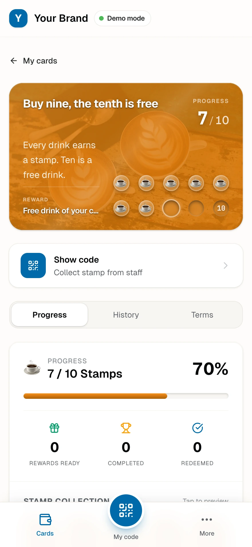 The stamp card a café customer shows at the counter, part way to the reward