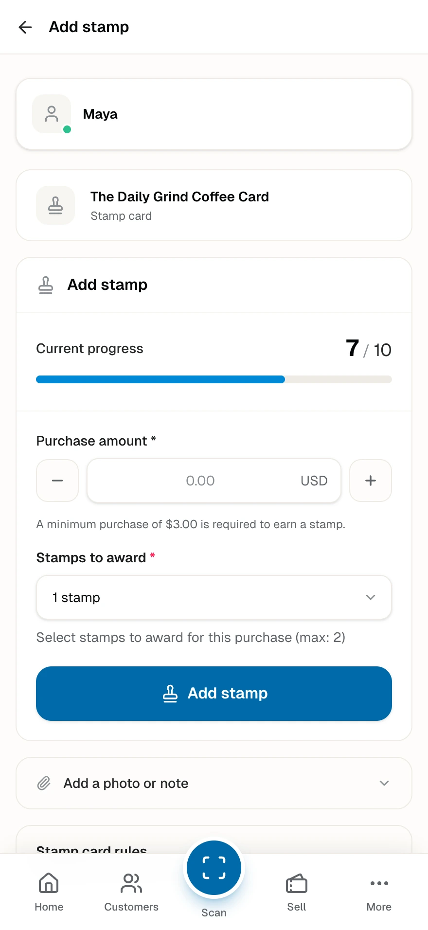 The Add stamp screen a barista sees, with progress and the purchase amount