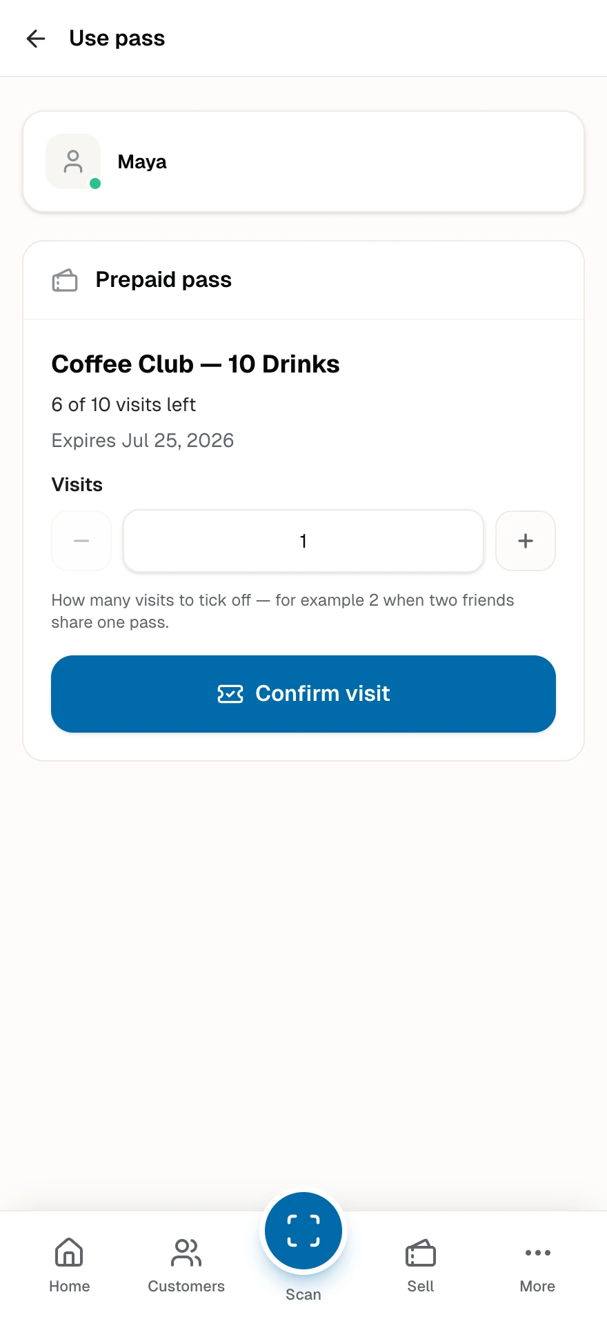 The staff screen that ticks one drink off the prepaid coffee pass