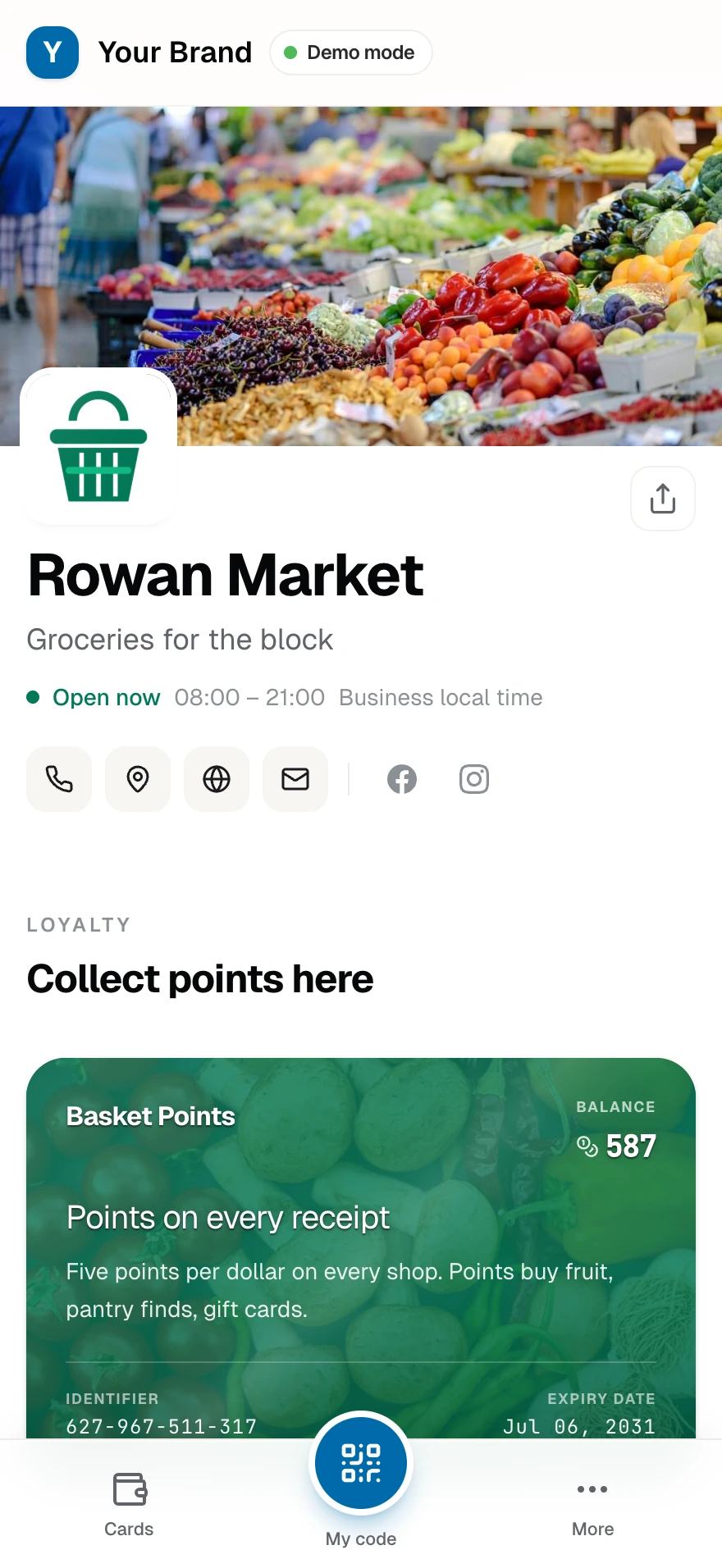 Rowan Market's public page: cover, brand, hours, and its points card