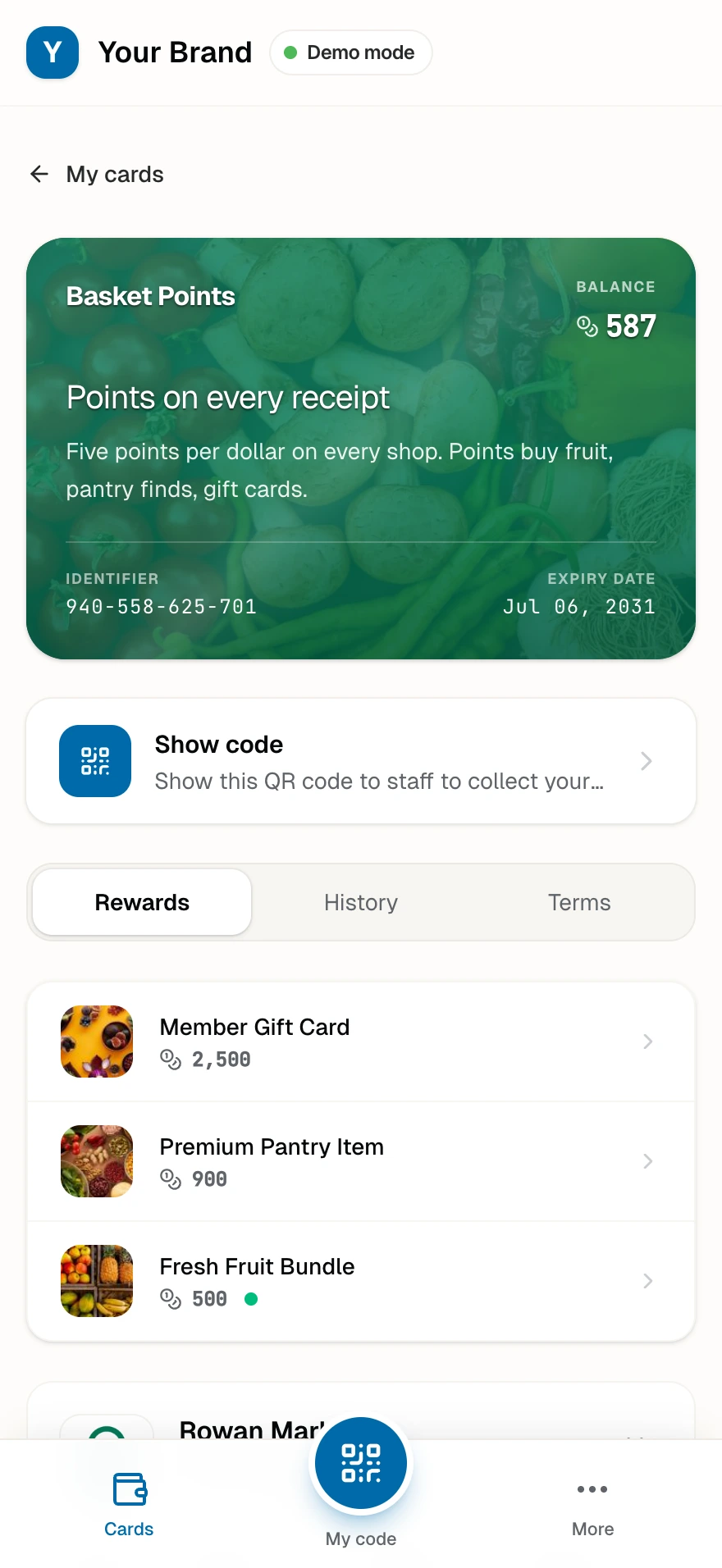 The Basket Points card with a points balance and the reward ladder
