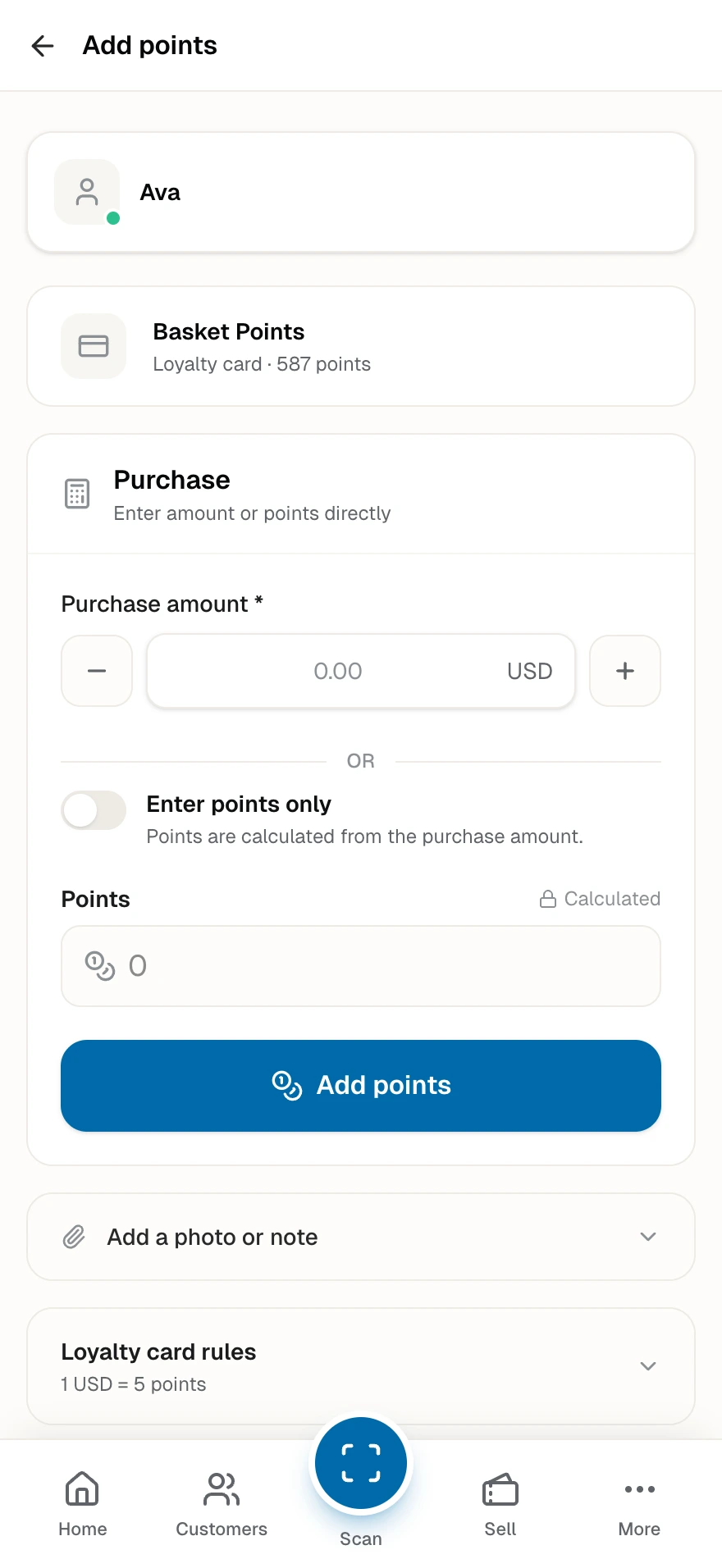 The till-side add-points screen with the basket total field