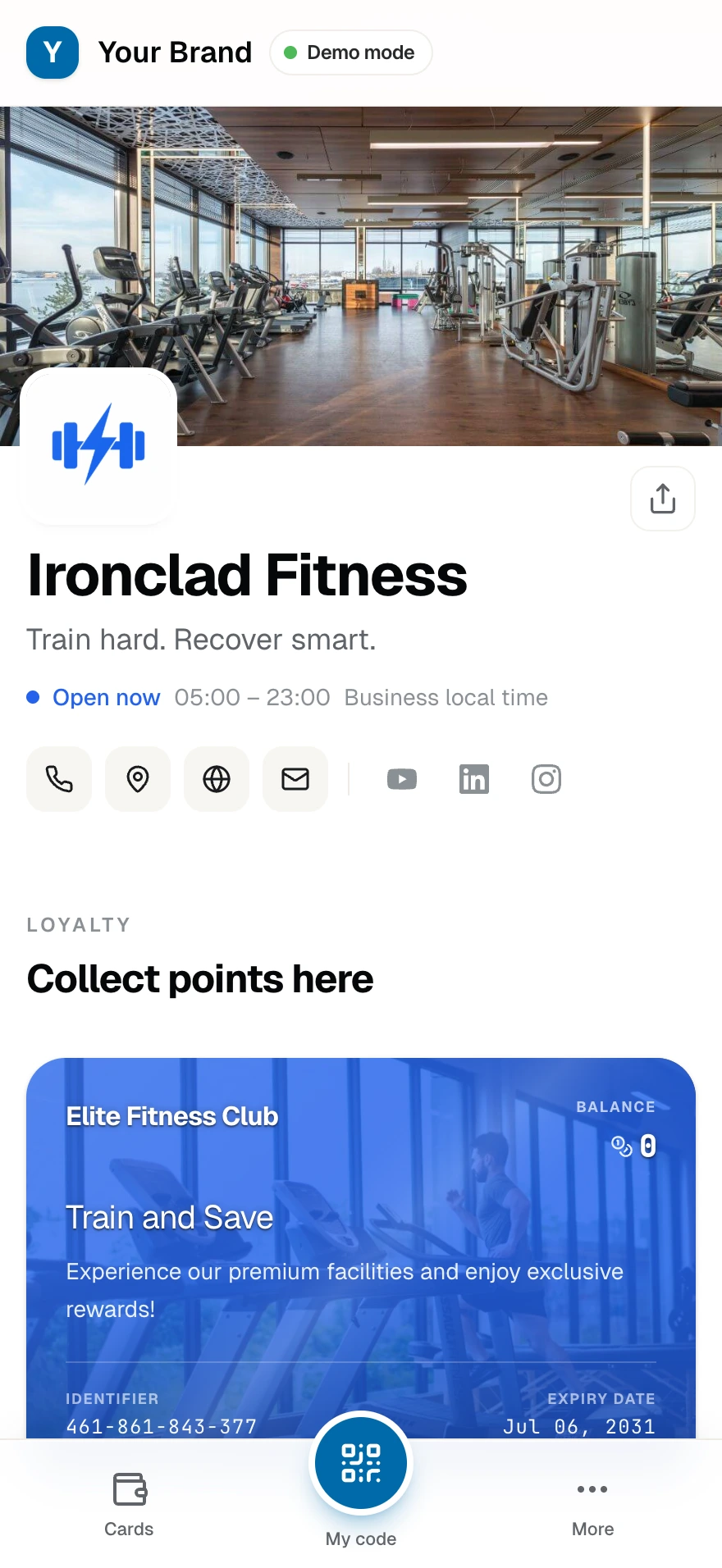 Ironclad Fitness's public page: cover, brand, hours, and its class passes