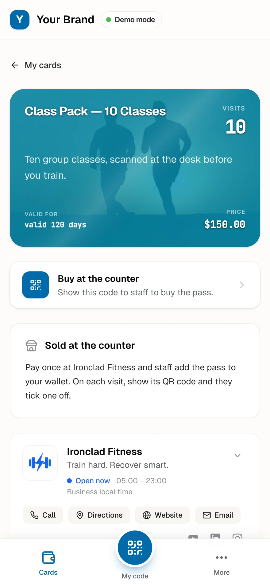 The class pack product page with its price and the buy-at-the-counter code