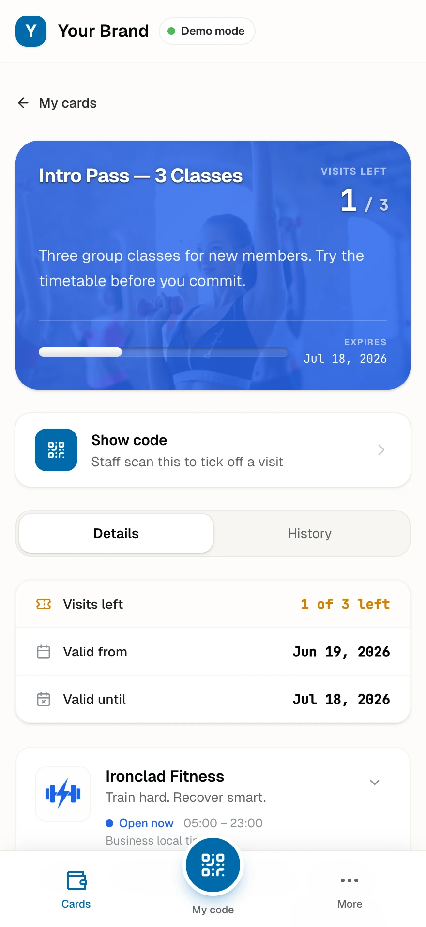 An intro class pass in the member's wallet with one visit left