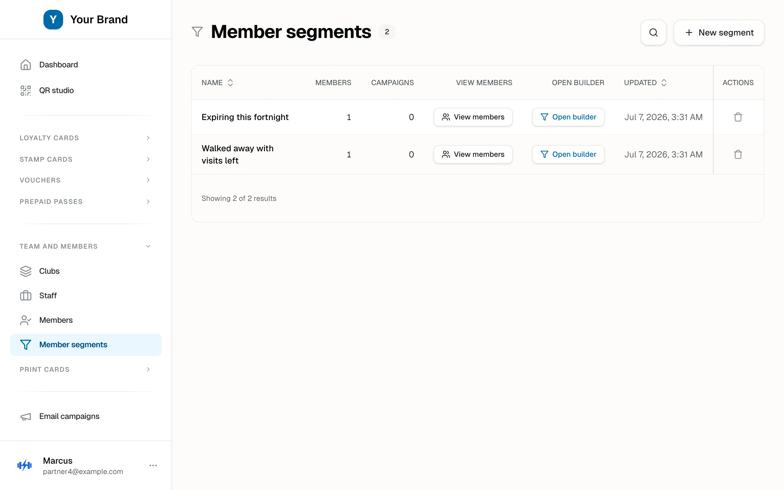The gym's saved segments with live member counts