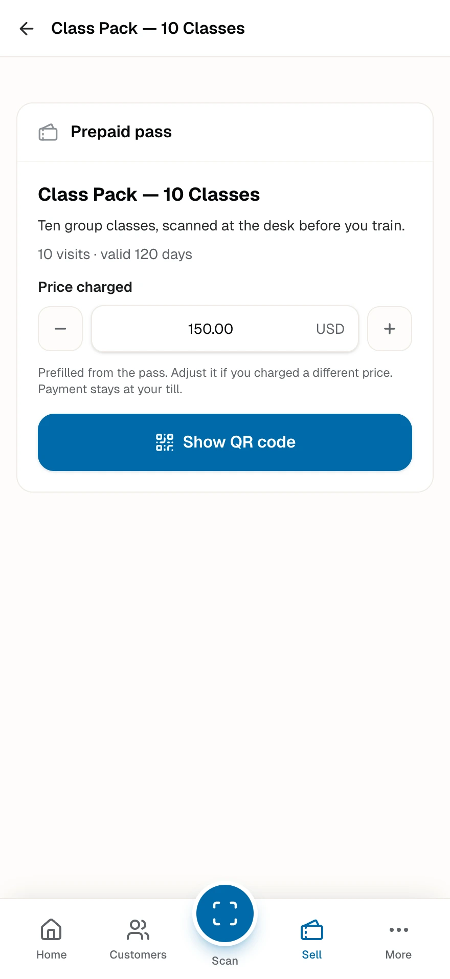 The front desk sell screen with the purchase code a new member scans