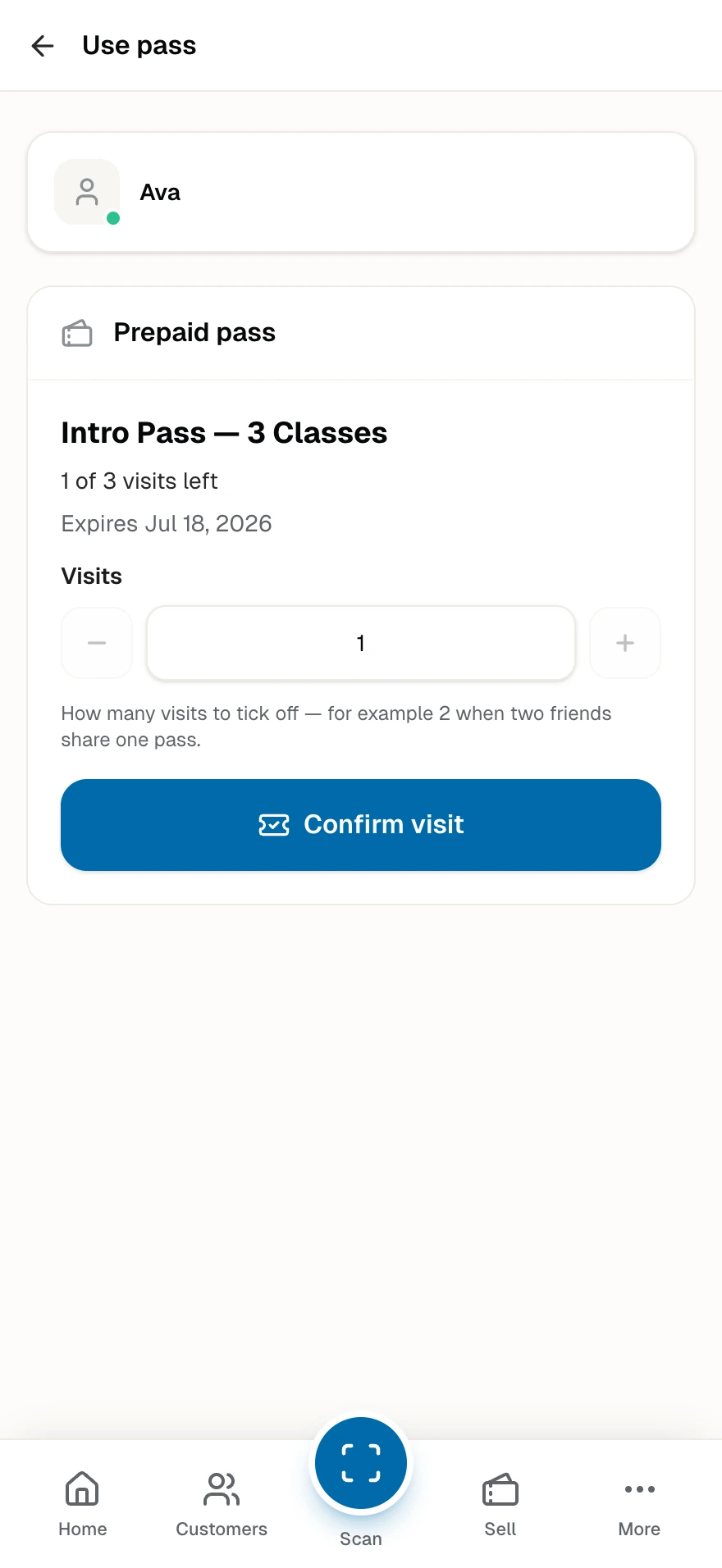 The front desk screen that ticks one class off the pass