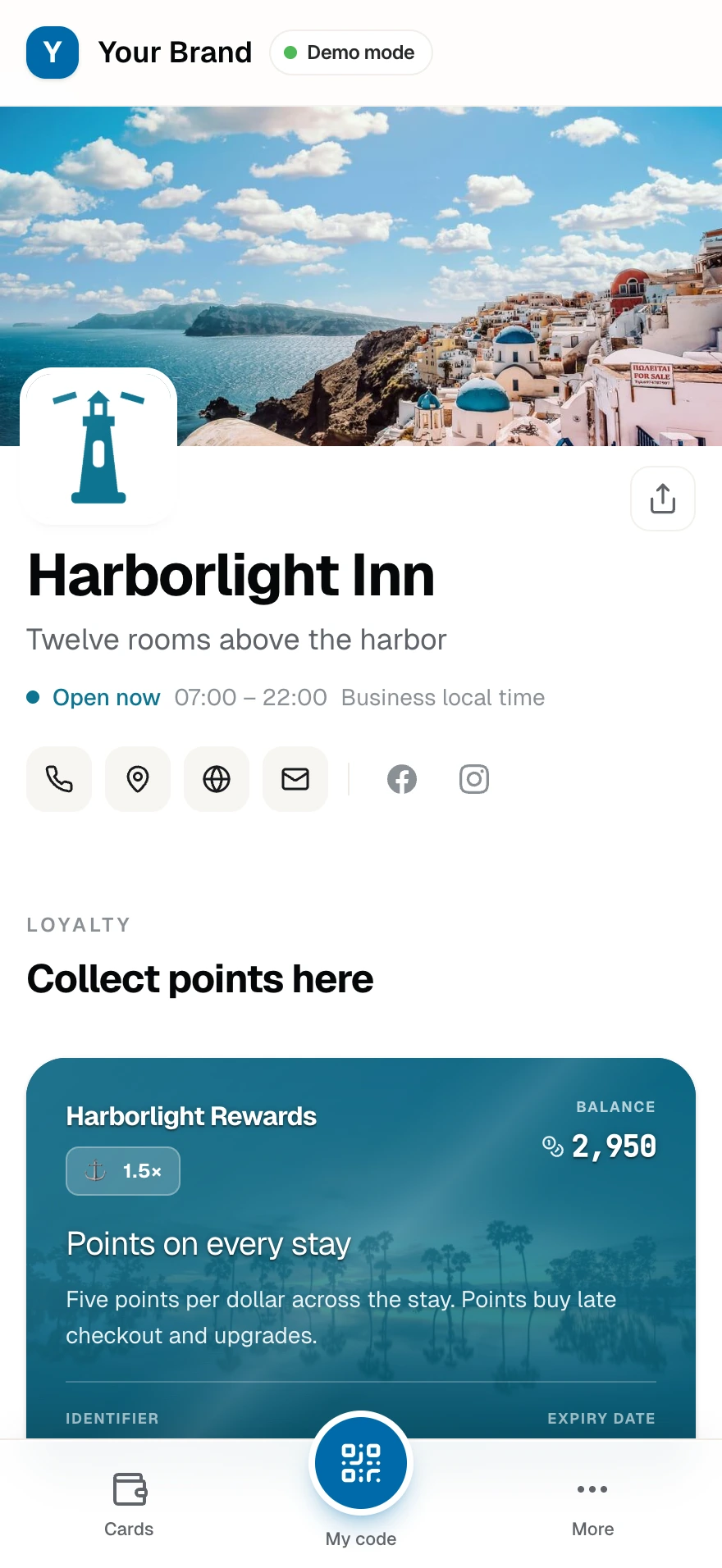 Harborlight Inn's public page: cover, brand, hours, and its rewards card
