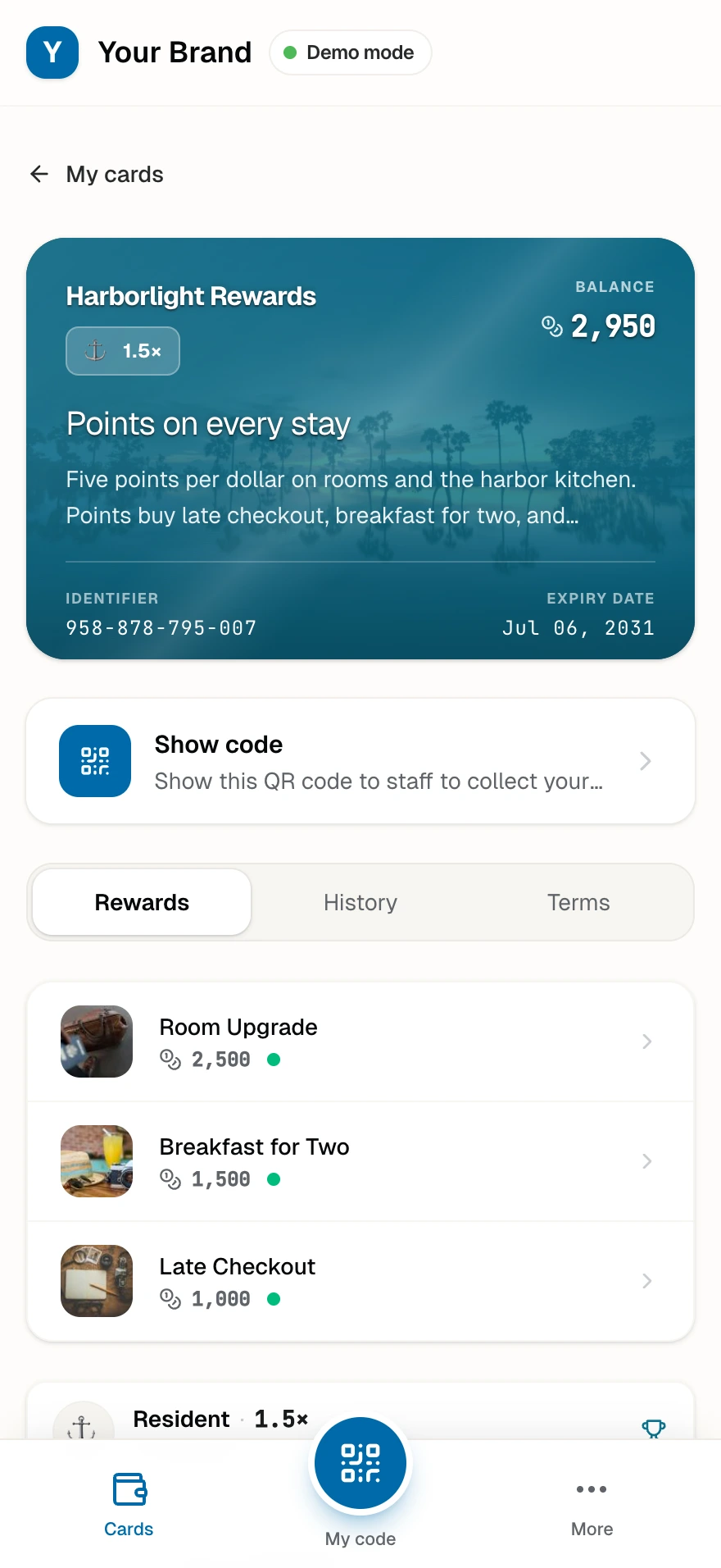 The Harborlight Rewards card with the Resident badge and points balance