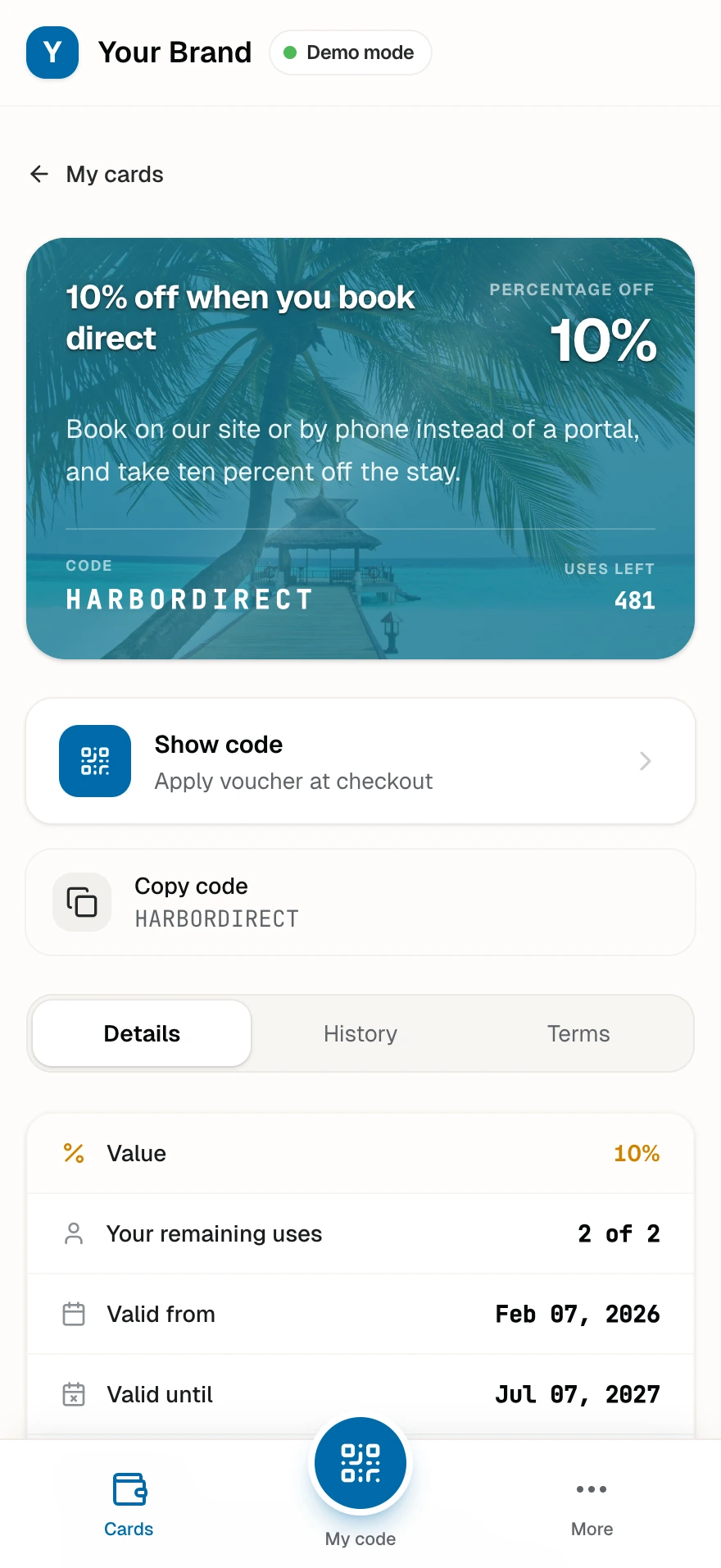 The Book Direct voucher, ten percent off, in a guest's wallet