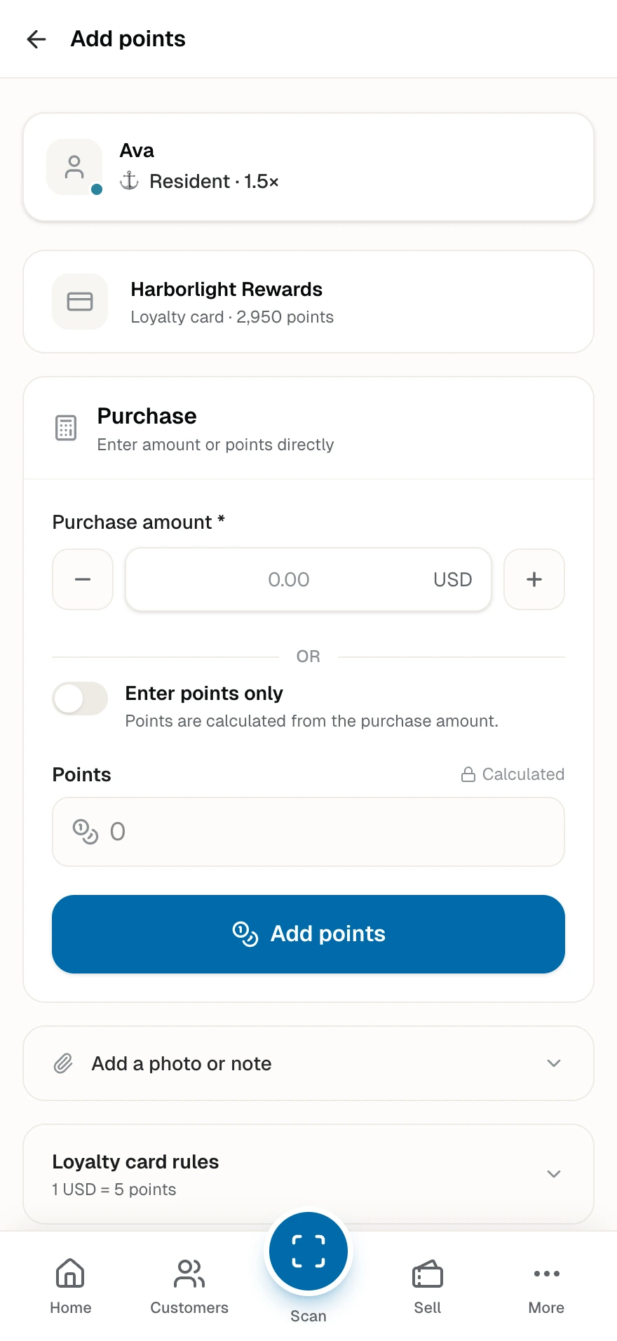 The front desk add-points screen with the folio amount field