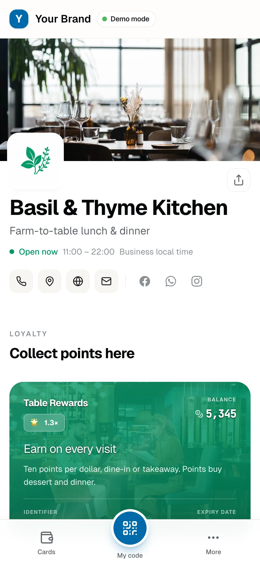 The restaurant's public page where a guest lands after scanning the table code