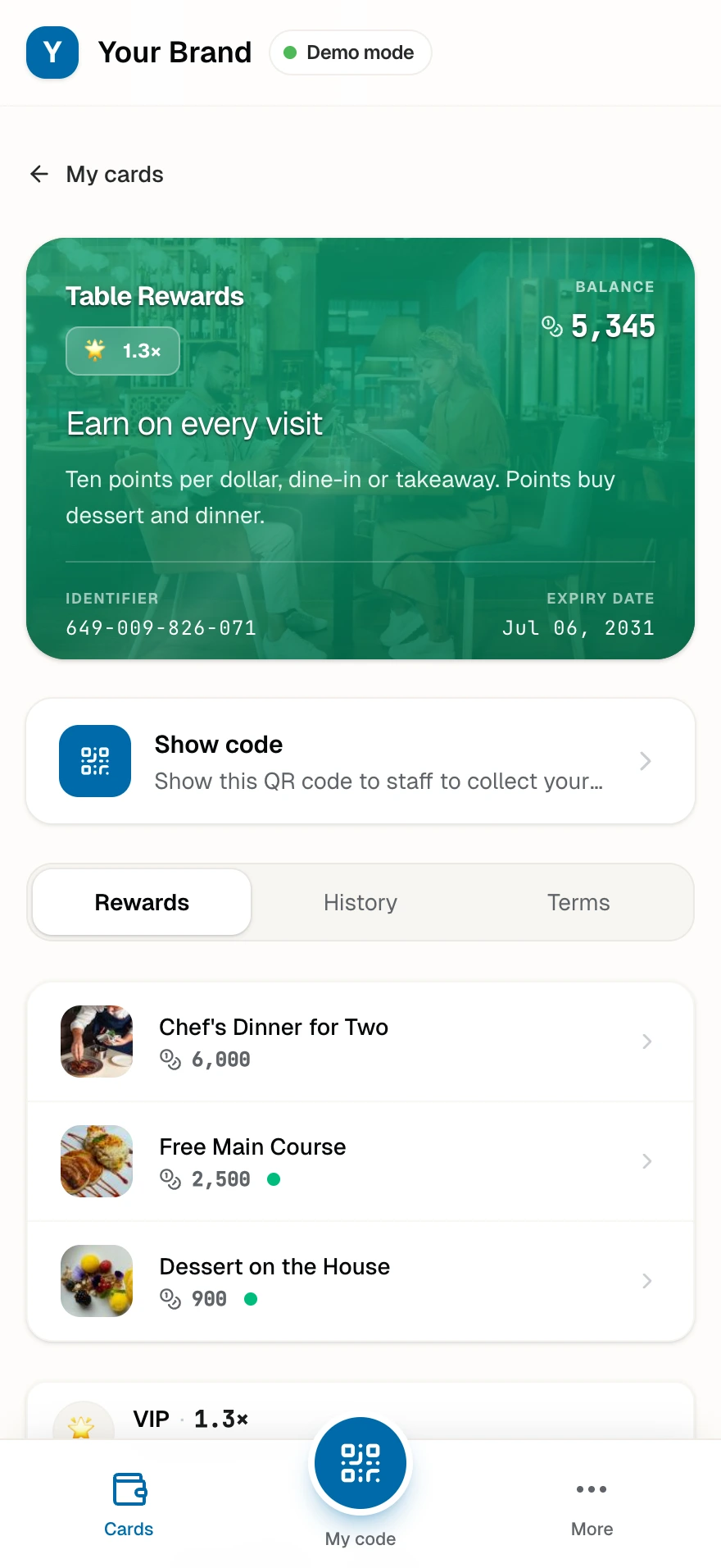 The guest points card with balance, tier, and the reward ladder