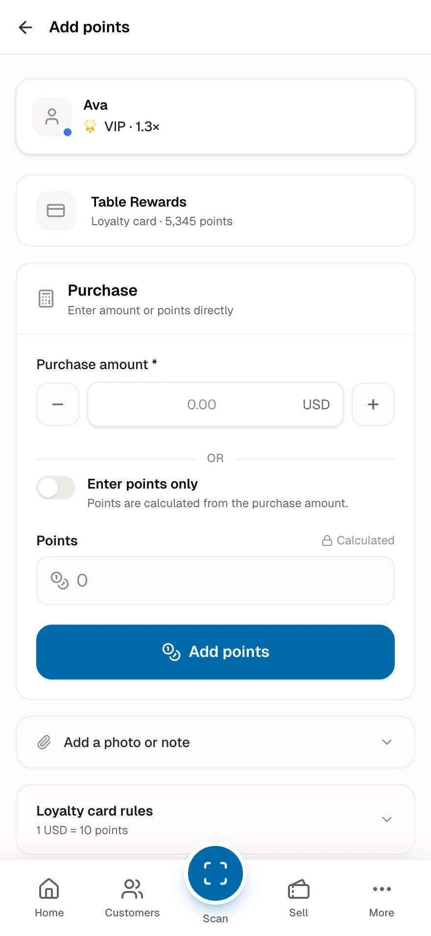 The staff screen that turns a check amount into points, with the guest's tier bonus