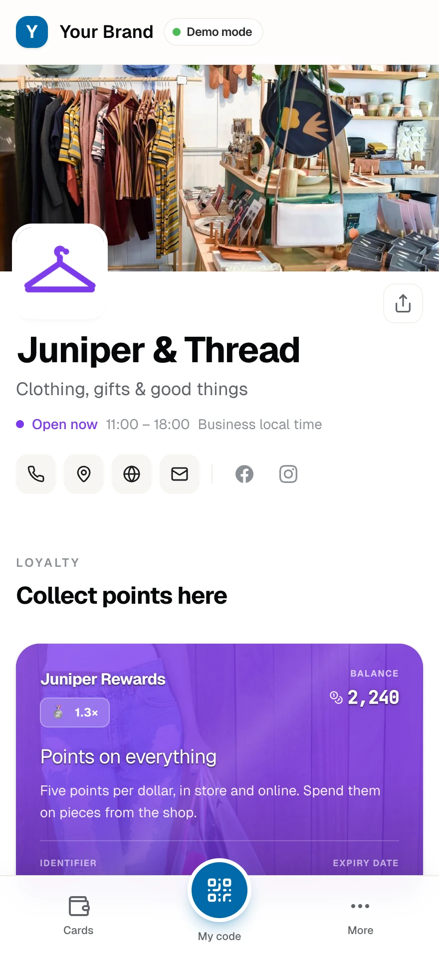 Juniper & Thread's public page: cover, brand, hours, and its points card