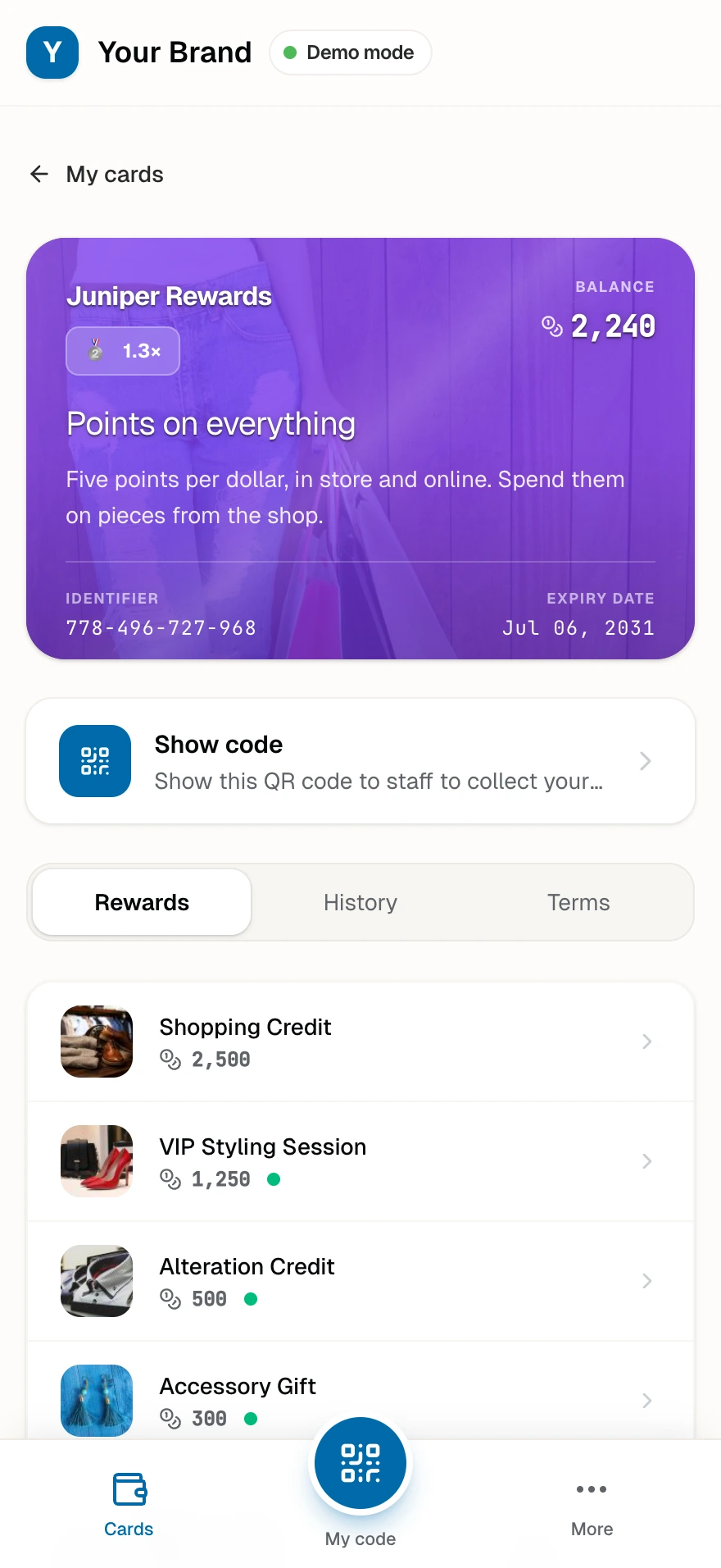 The boutique points card in a customer's wallet with balance and tier