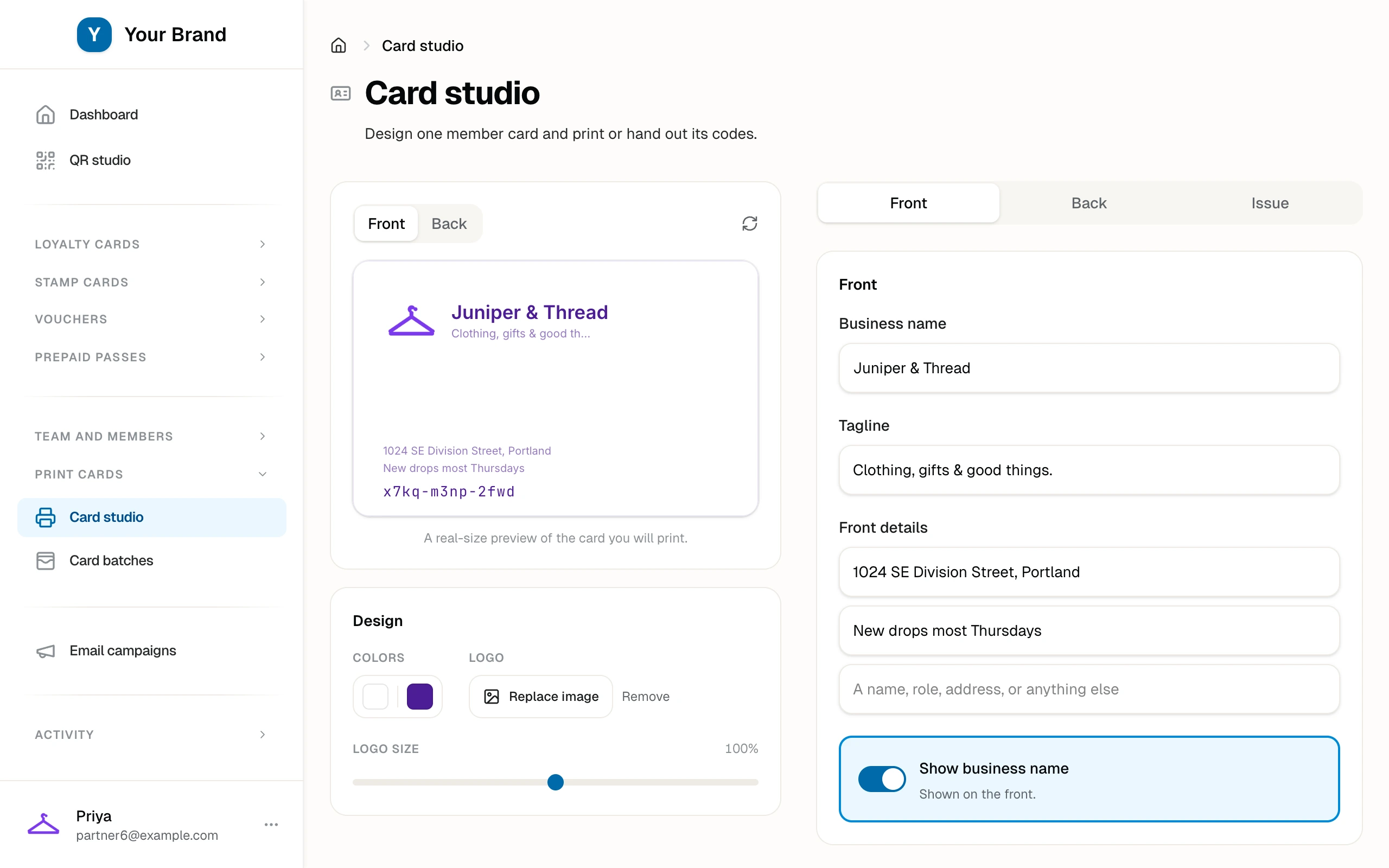 The card studio with the boutique's printed member card
