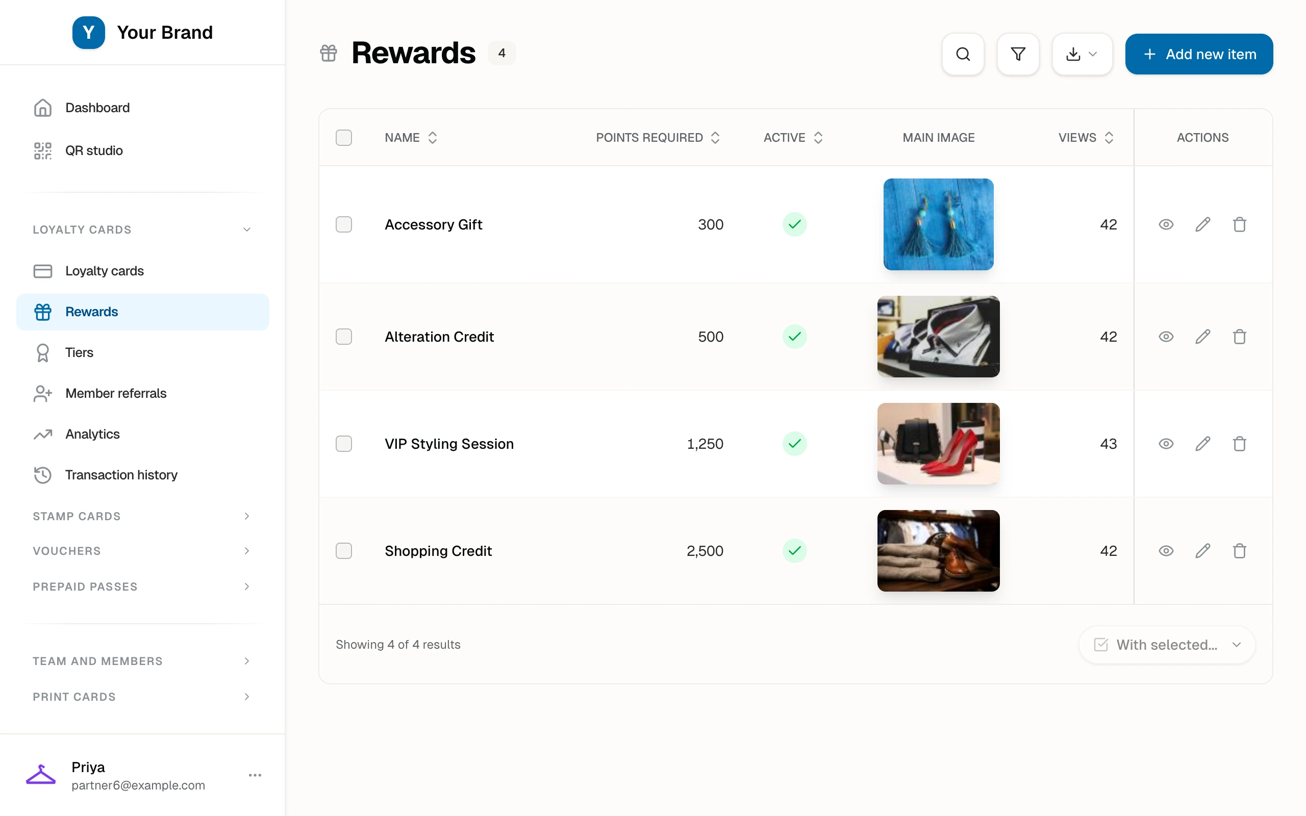 The boutique reward catalog with point prices and photos