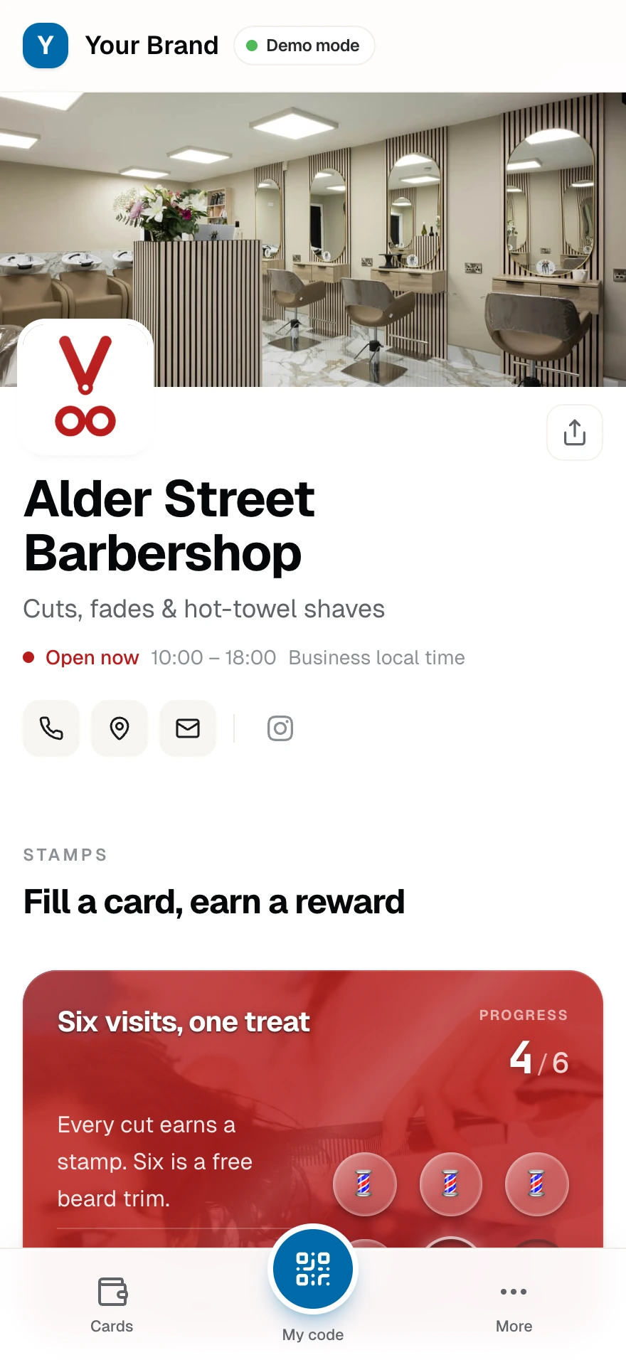 The barbershop's public page with its stamp card and open hours