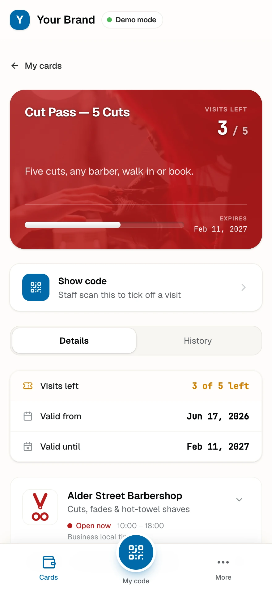 A five-cut prepaid pass in the client's wallet with three visits left