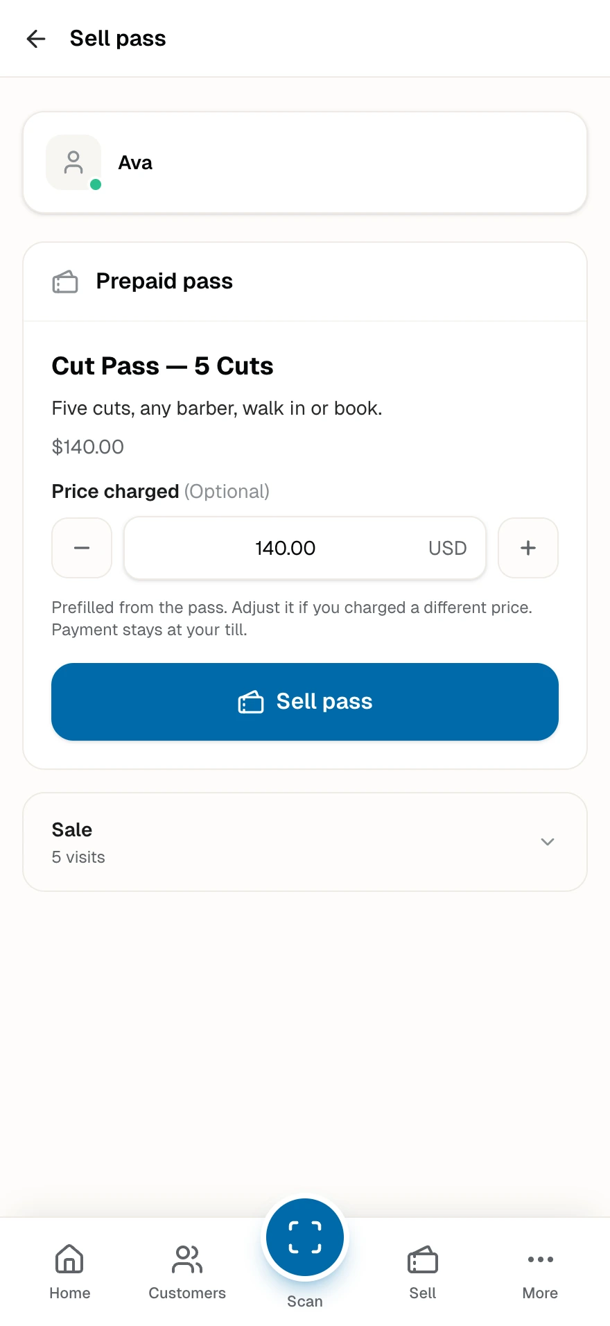 The staff sell screen for the five-cut pass with the price ready to adjust