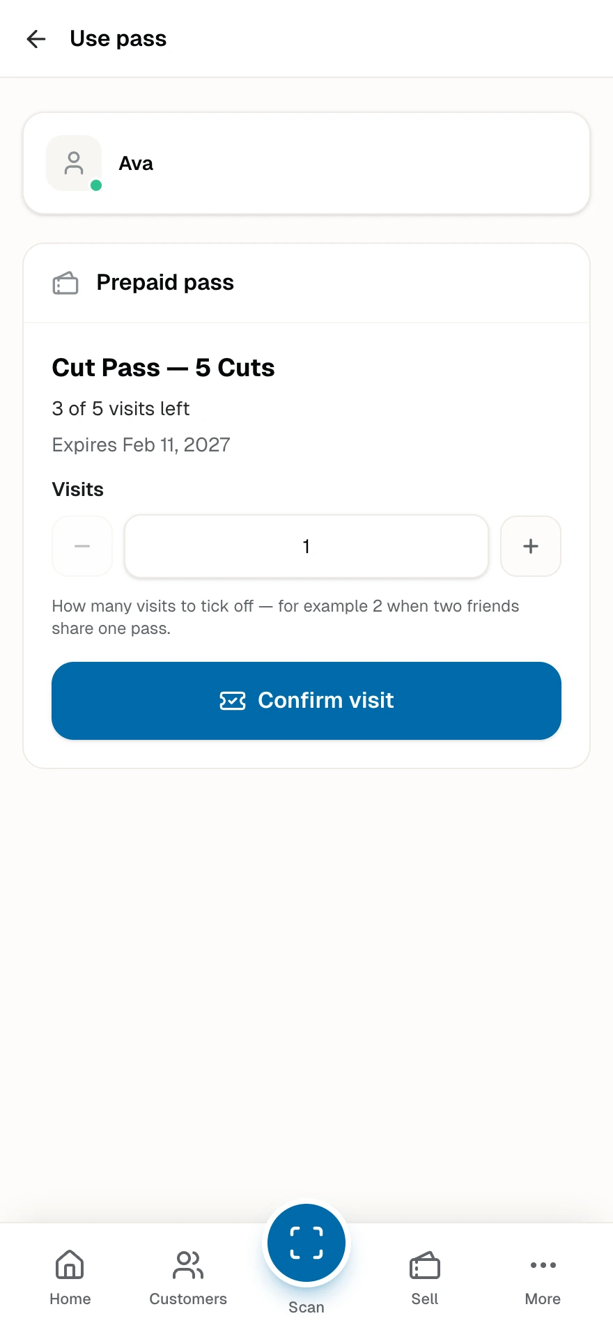 The staff screen that ticks one visit off the cut pass