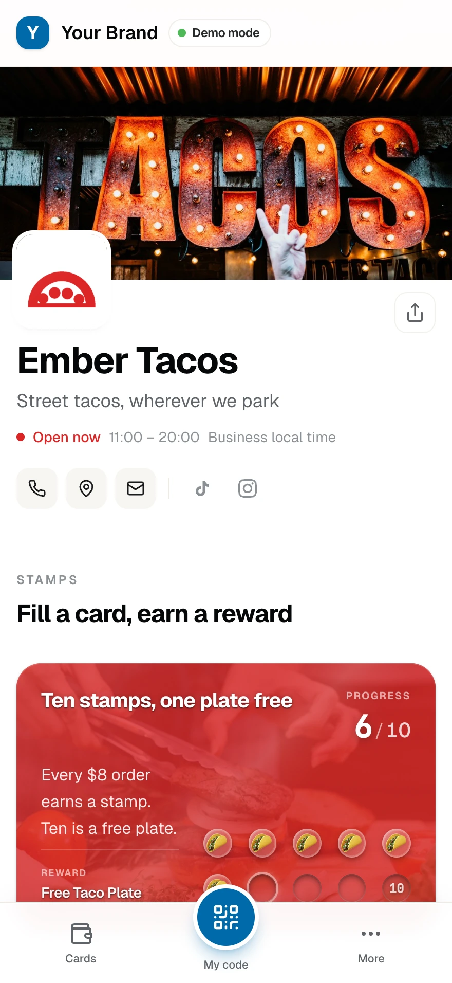Ember Tacos' public page: cover, brand, hours, and its stamp card